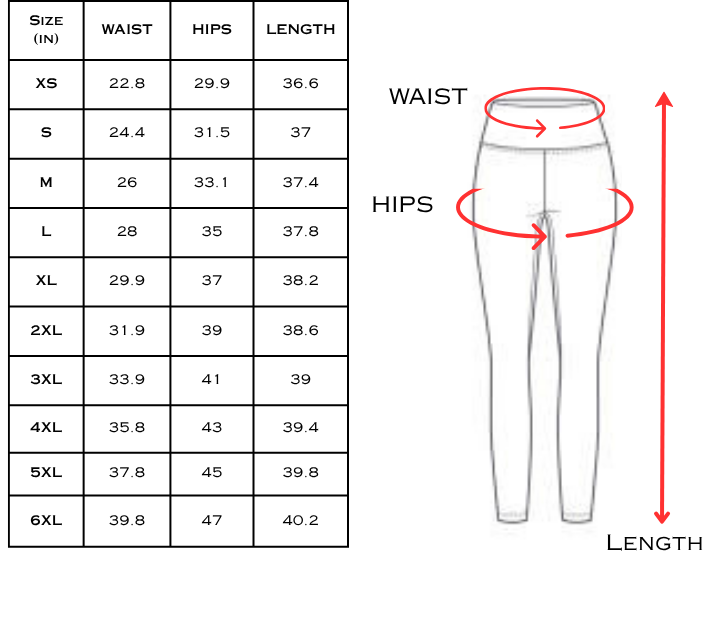 Size chart for leggings with measurements labeled for waist, hips, and length.