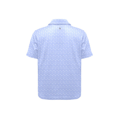 Light blue polo shirt with white palm trees  on a white background