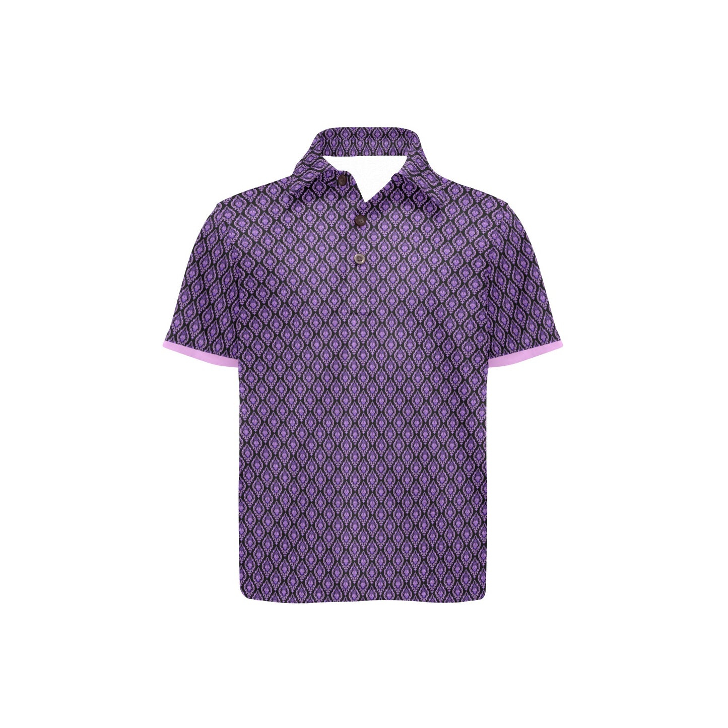 Purple patterned polo shirt on a white background