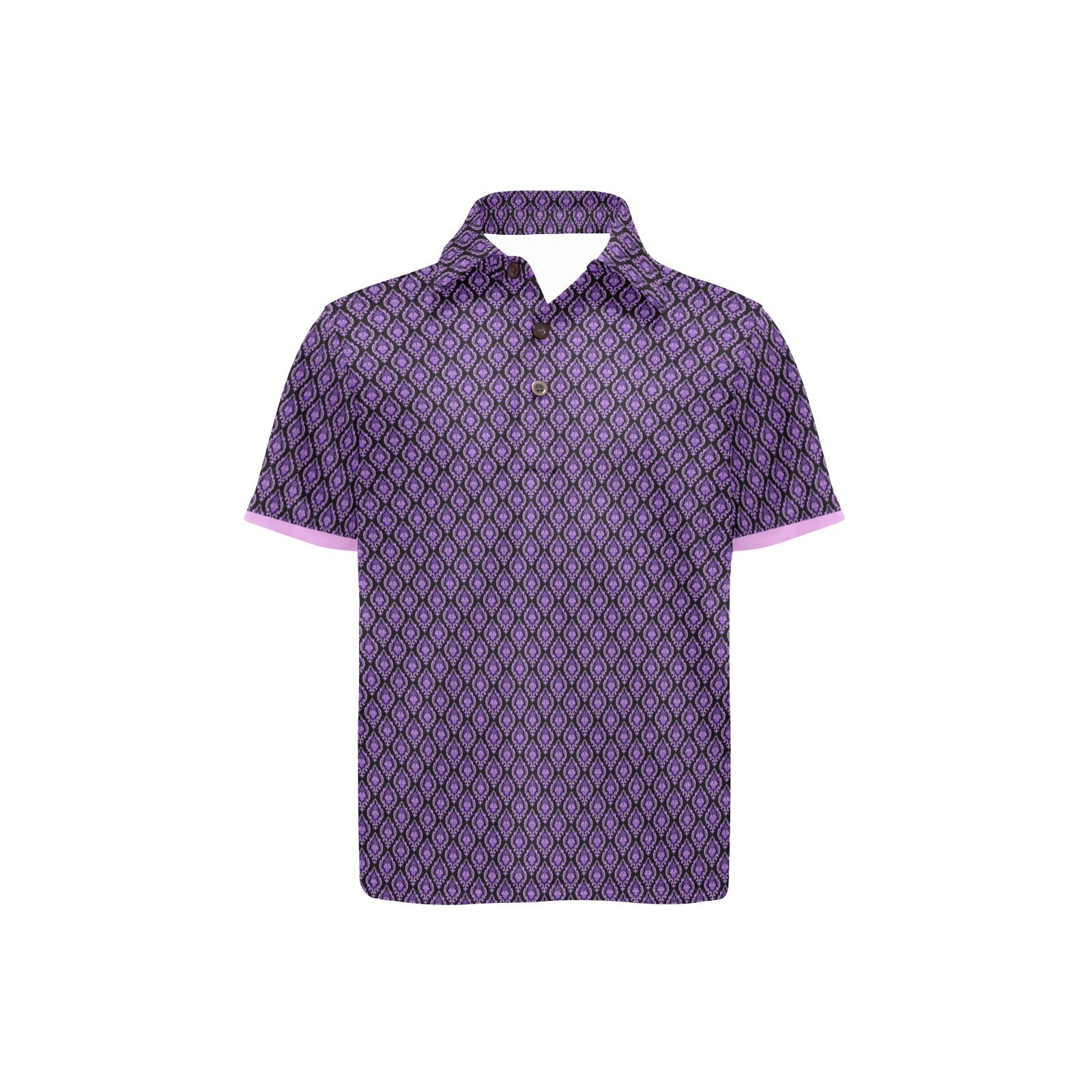 Purple patterned polo shirt on a white background