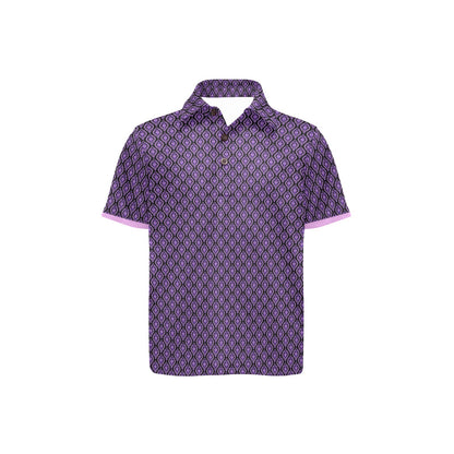 Purple patterned polo shirt on a white background