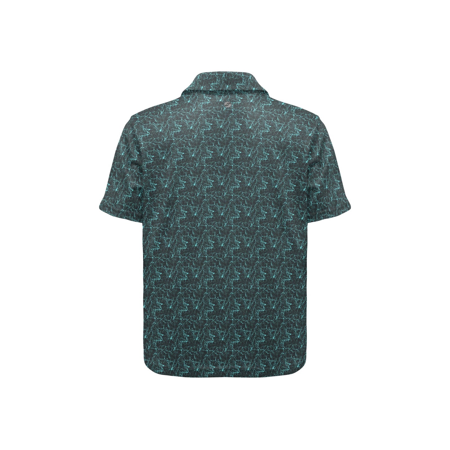 Black short-sleeve shirt with a green geometric pattern on a white background