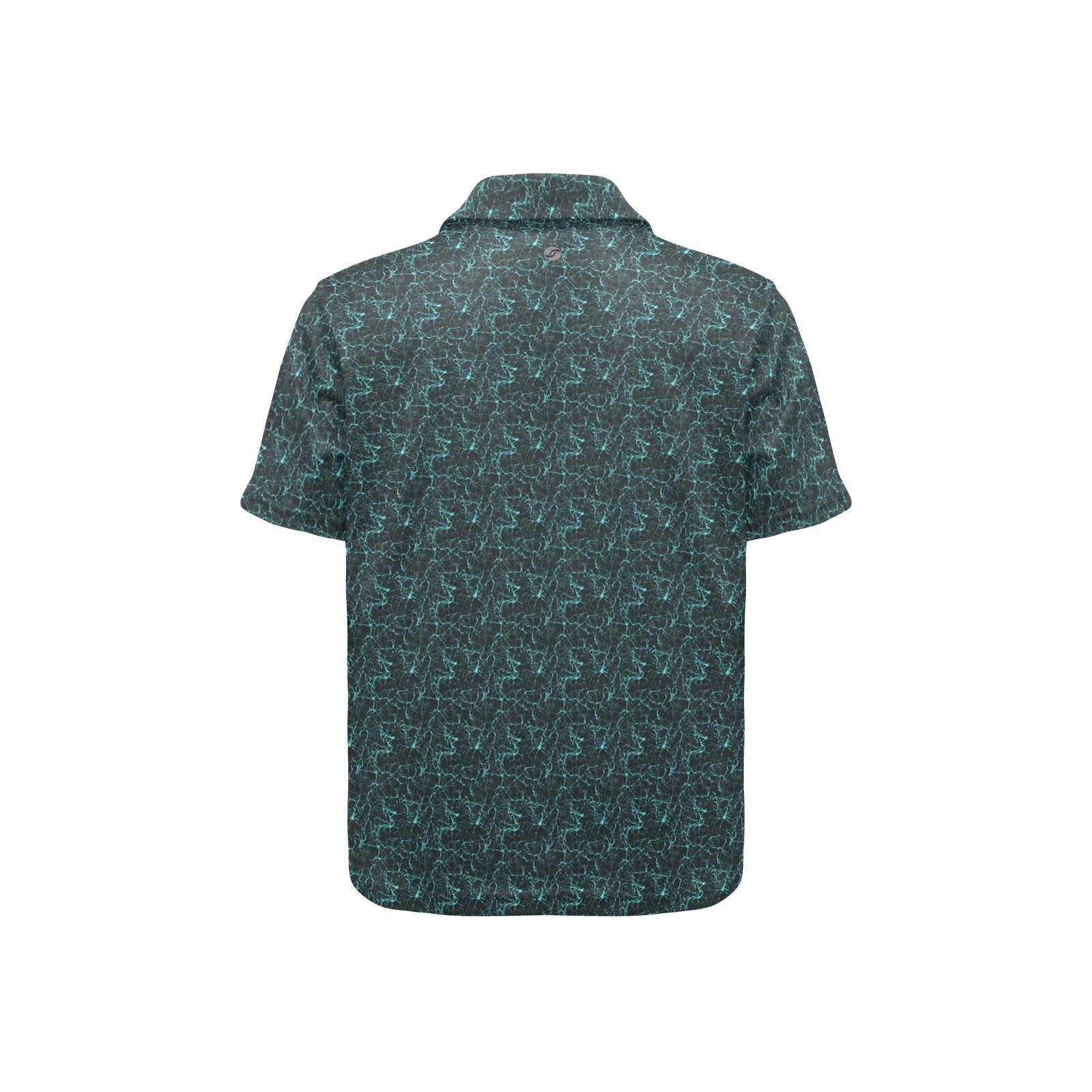 Black short-sleeve shirt with a green geometric pattern on a white background