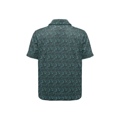 Black short-sleeve shirt with a green geometric pattern on a white background
