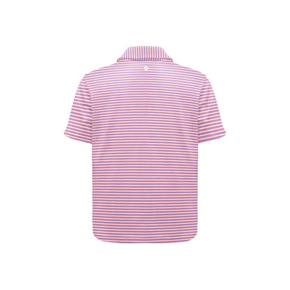 Pink blue and white striped polo shirt on a white background