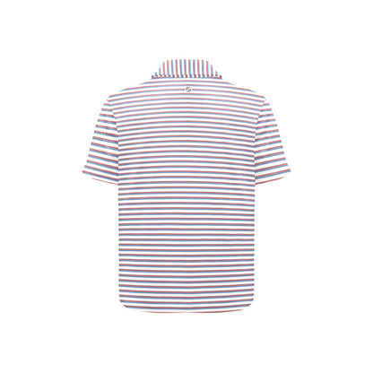Back view of a striped polo shirt on a white background