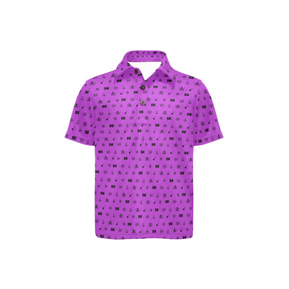 Purple polo shirt with black pattern on a white background