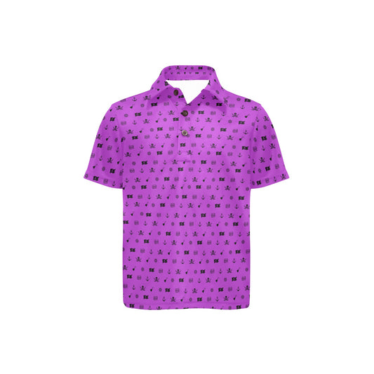 Purple polo shirt with black pattern on a white background