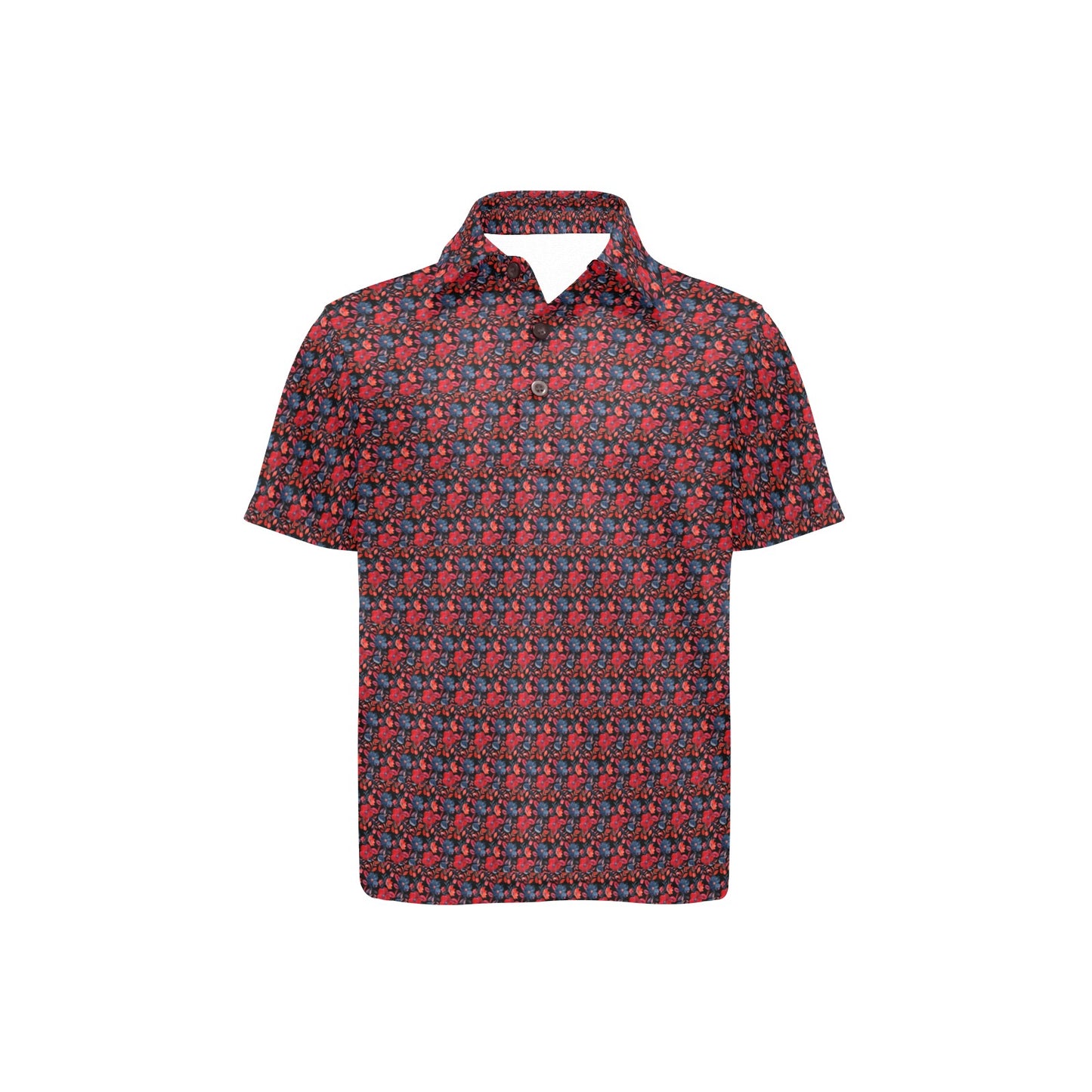 Short-sleeve shirt with red and blue floral  pattern on a white background