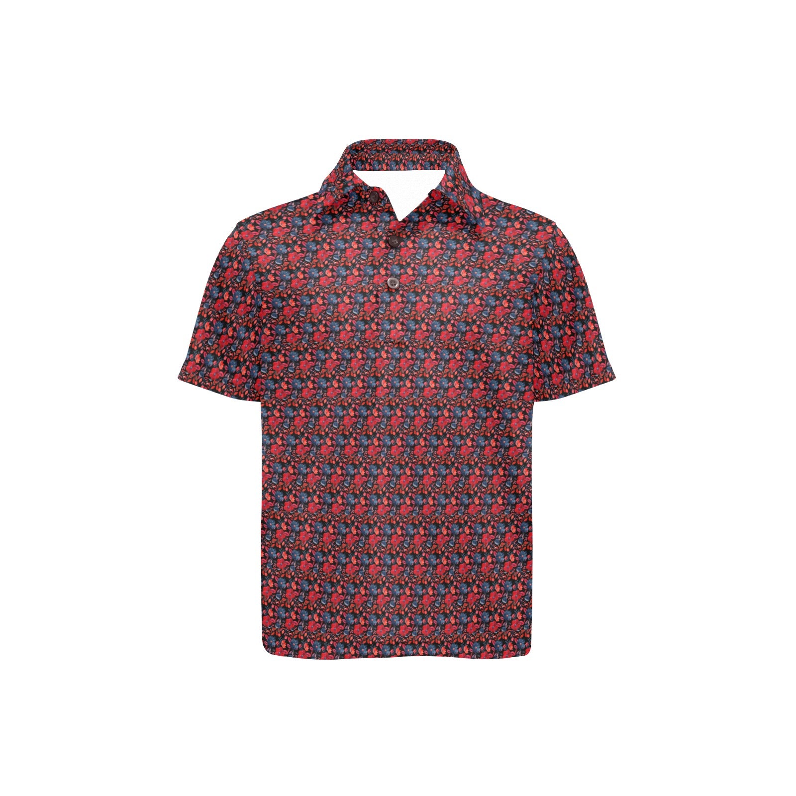 Short-sleeve shirt with red and blue floral  pattern on a white background