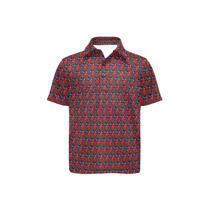 Short-sleeve shirt with red and blue floral  pattern on a white background