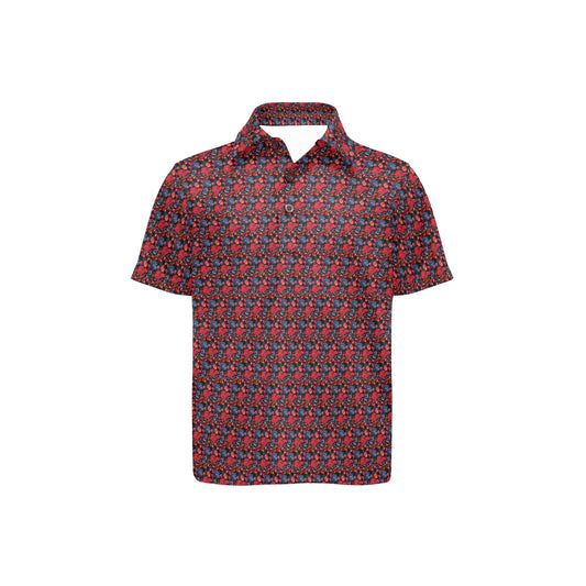 Short-sleeve shirt with red and blue floral  pattern on a white background