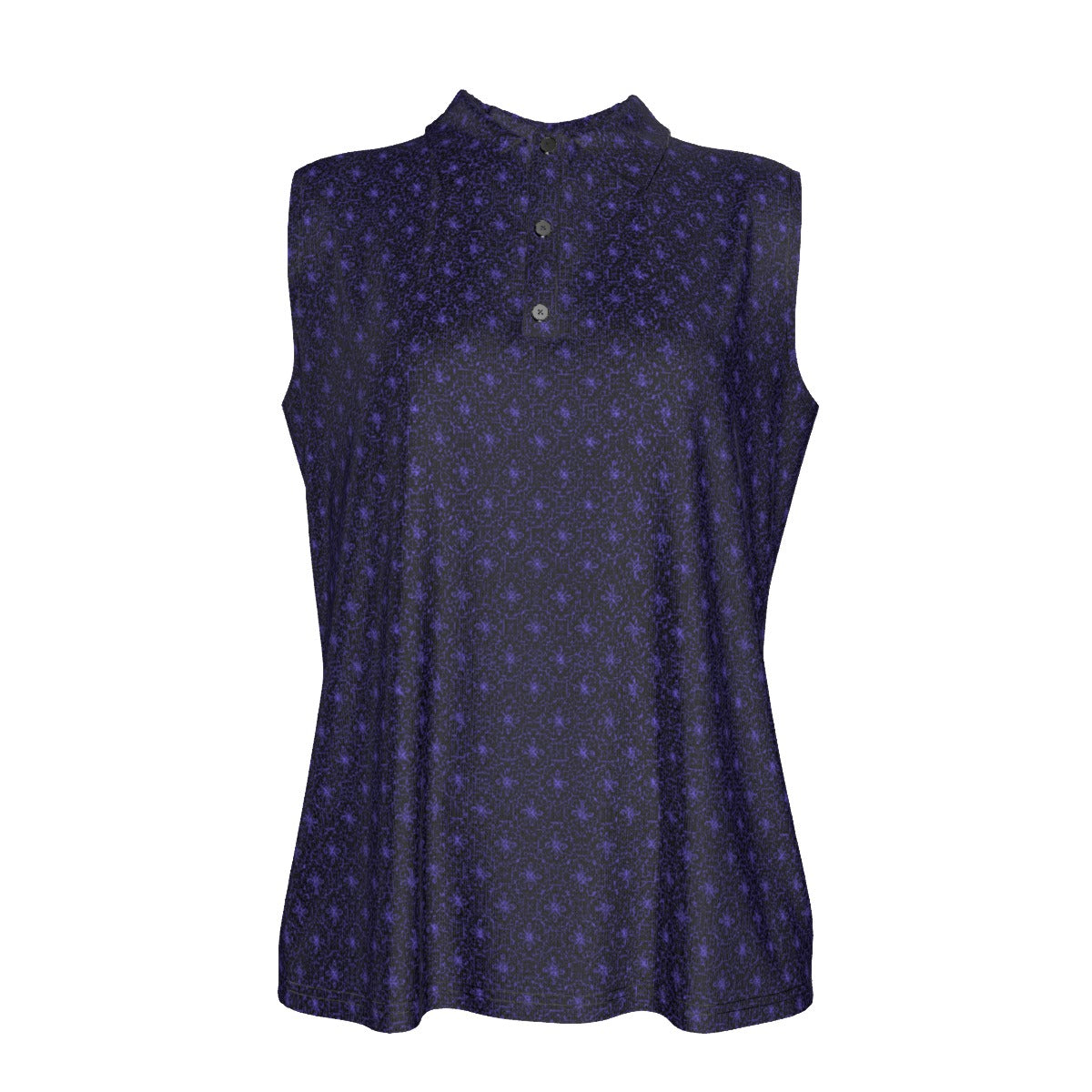 Sleeveless dark blue patterned shirt on a white background