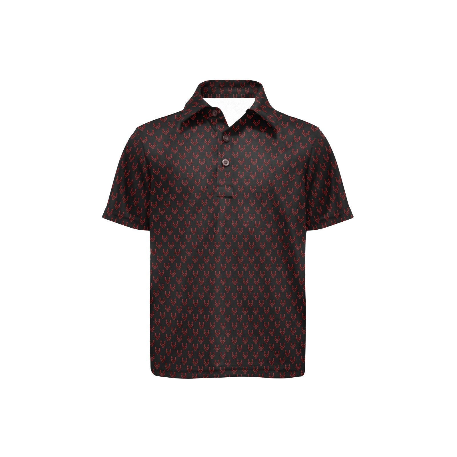 Black and red patterned polo shirt on a white background