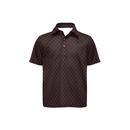 Black and red patterned polo shirt on a white background