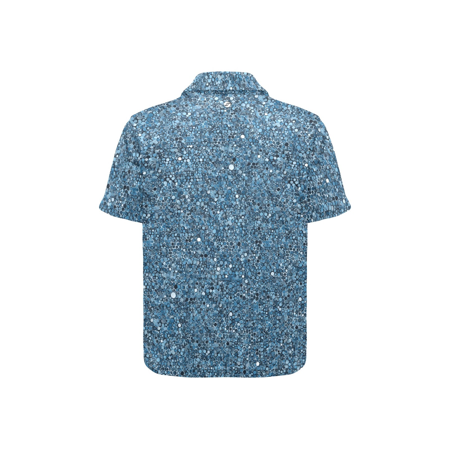 green polo shirt with different color and sized dots all over, on a white background