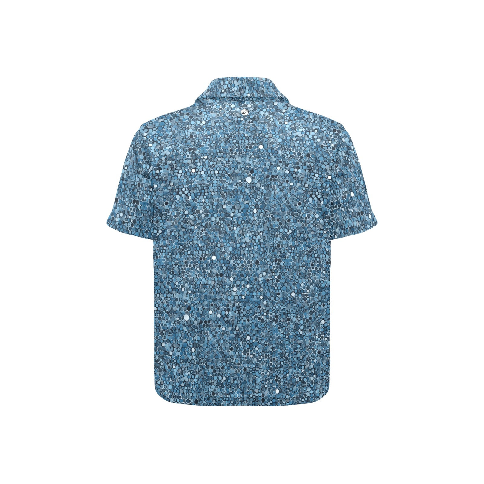 green polo shirt with different color and sized dots all over, on a white background