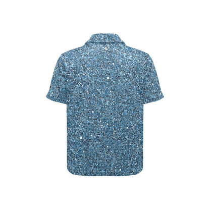 green polo shirt with different color and sized dots all over, on a white background