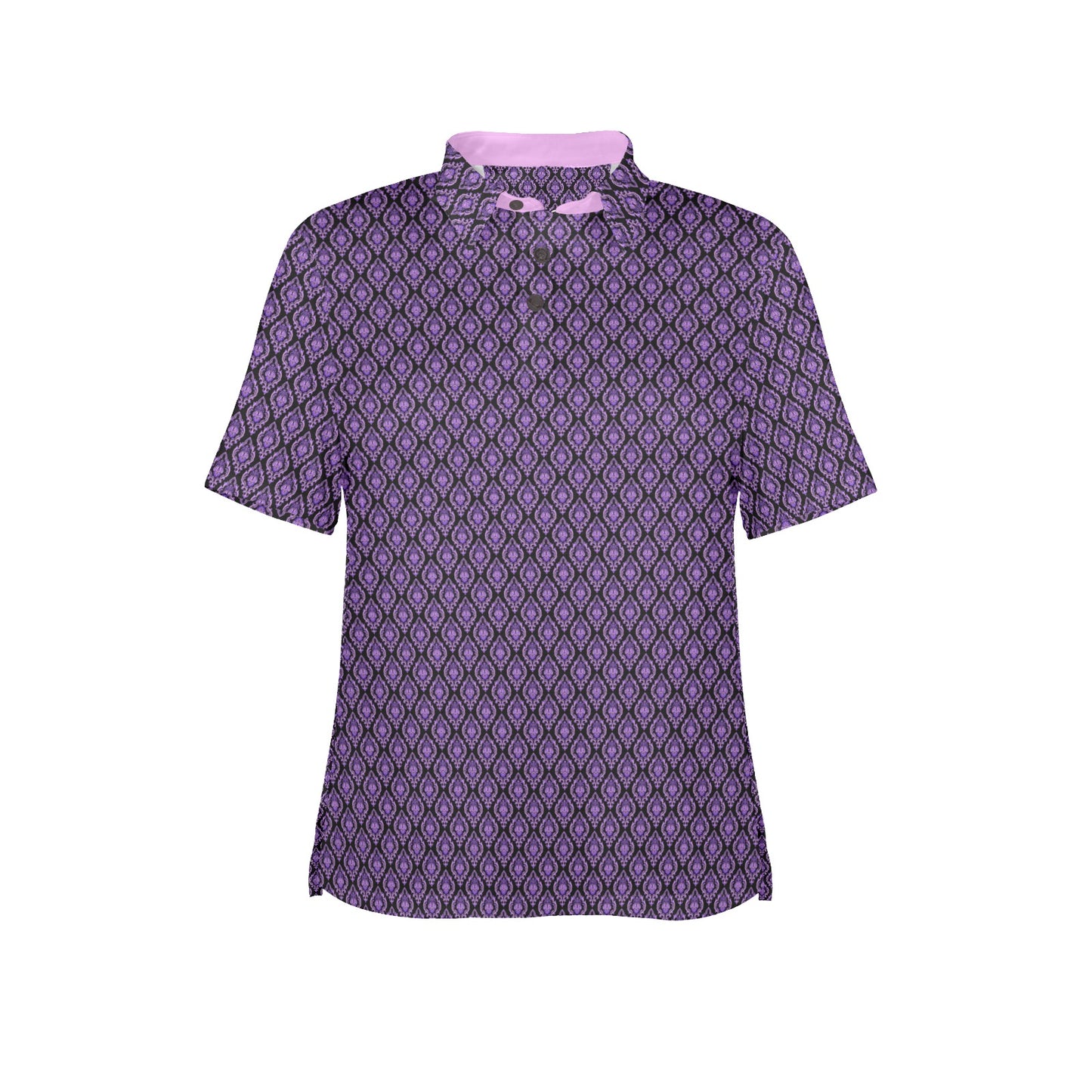 Purple patterned shirt with pink collar on a white background