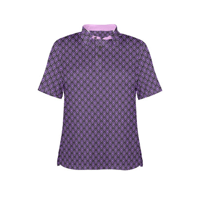 Purple patterned shirt with pink collar on a white background