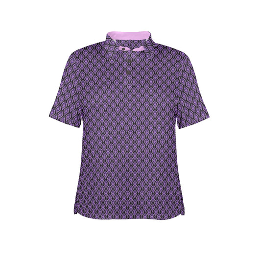 Purple patterned shirt with pink collar on a white background