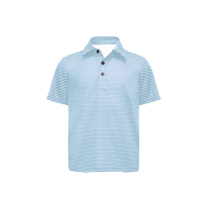Blue and white striped polo shirt on a white background