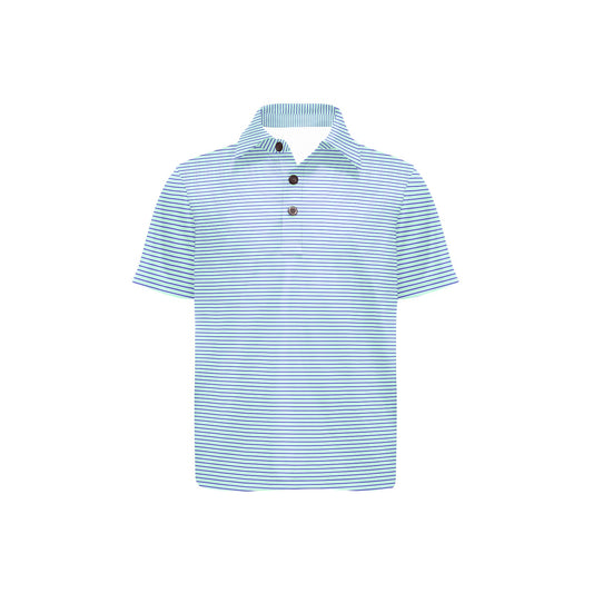 Blue and white striped polo shirt on a white background