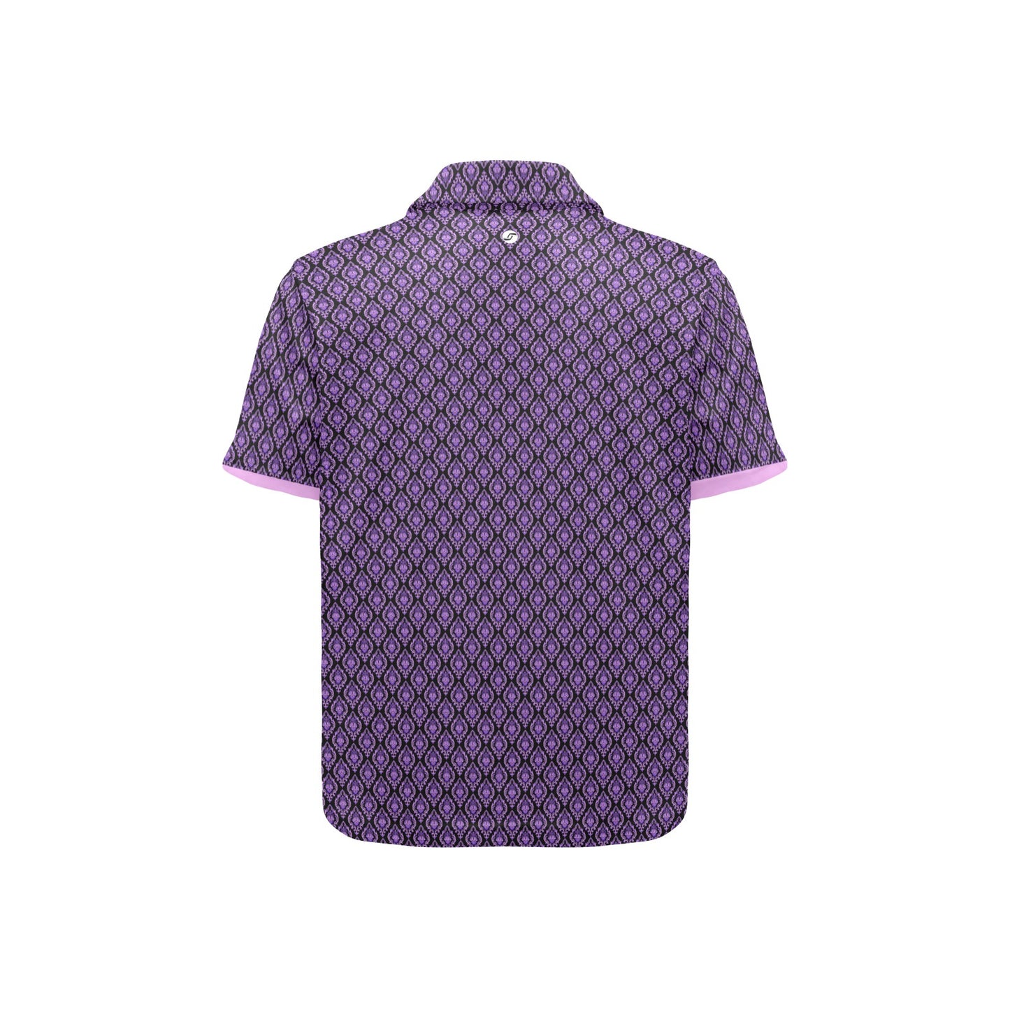 Purple patterned polo shirt on a white background