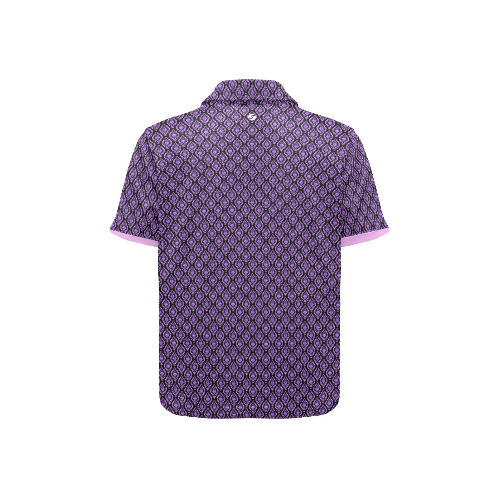 Purple patterned polo shirt on a white background