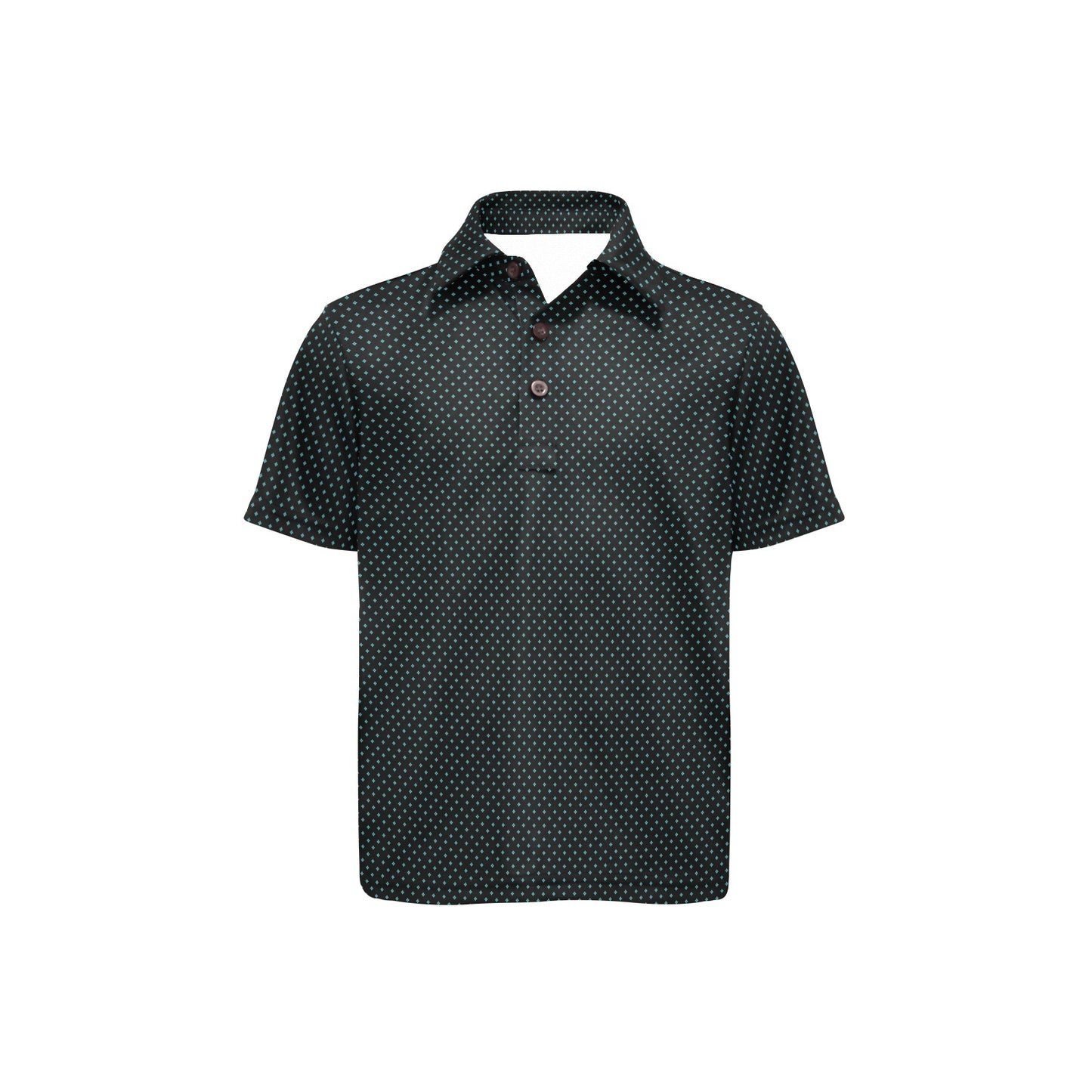 Black and green polka dot polo shirt on a white background
