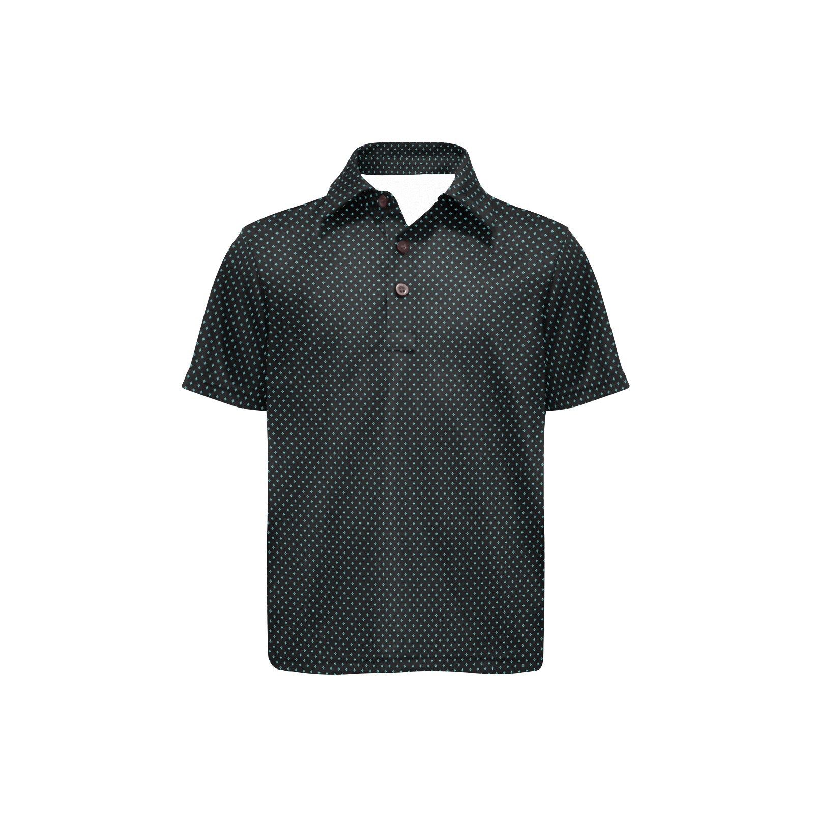 Black and green polka dot polo shirt on a white background