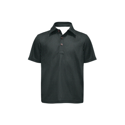 Black and green polka dot polo shirt on a white background