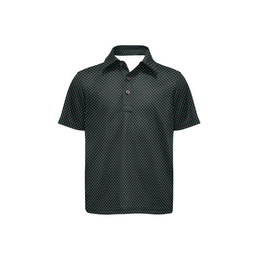 Black and green polka dot polo shirt on a white background