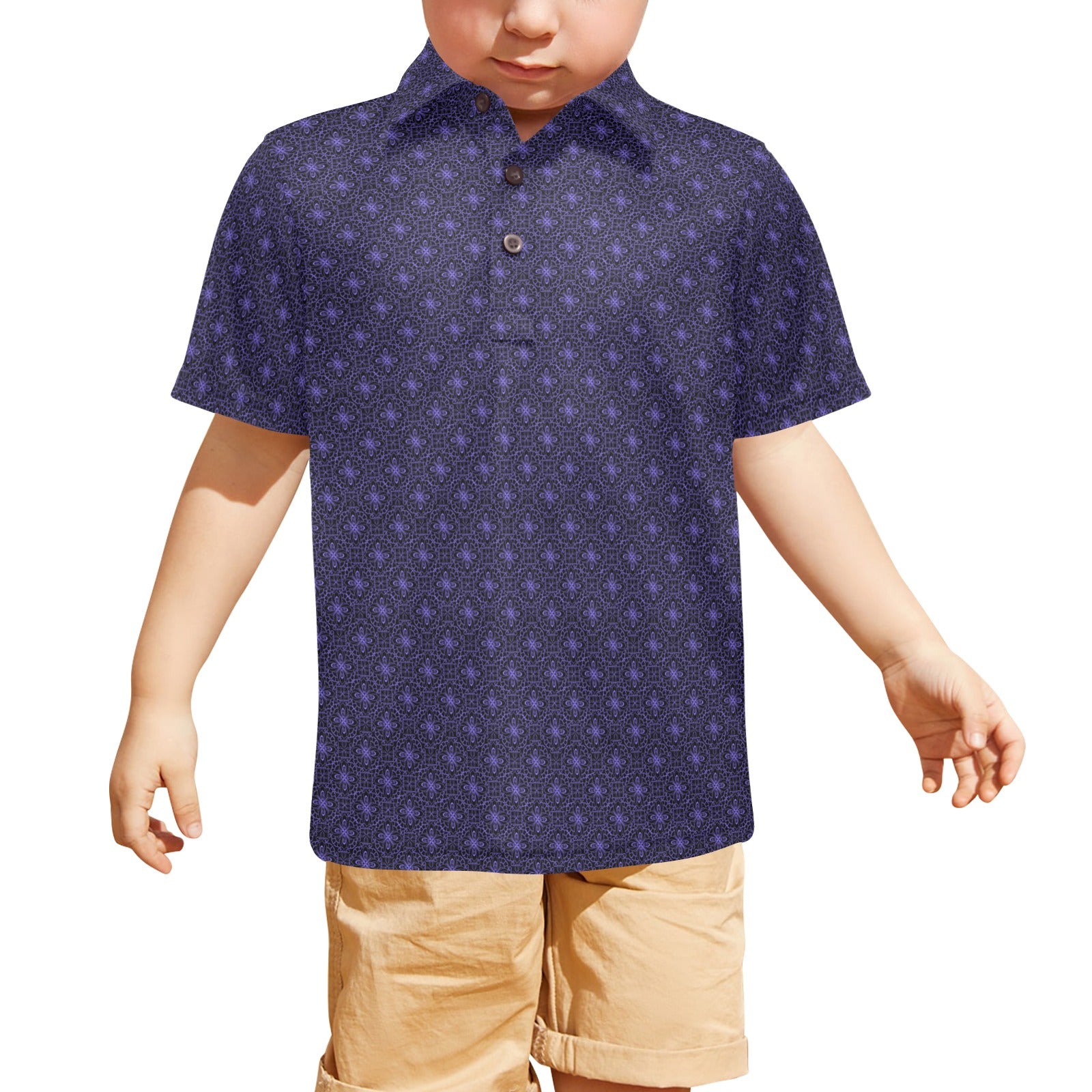 Child wearing a black and violet patterned shirt and beige shorts on a white background