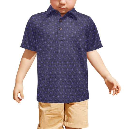 Child wearing a black and violet patterned shirt and beige shorts on a white background
