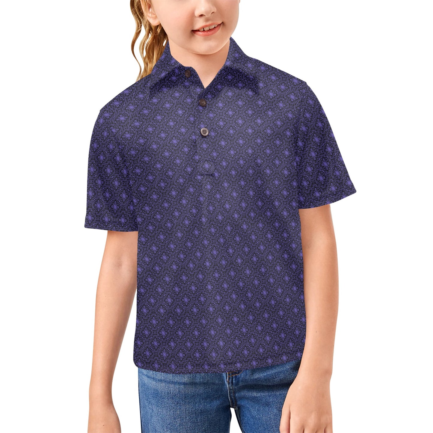 Child wearing a black and violet patterned shirt on a white background