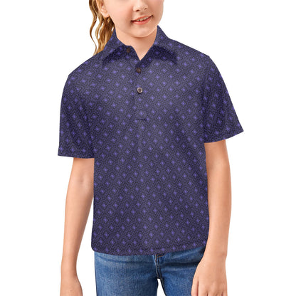 Child wearing a black and violet patterned shirt on a white background