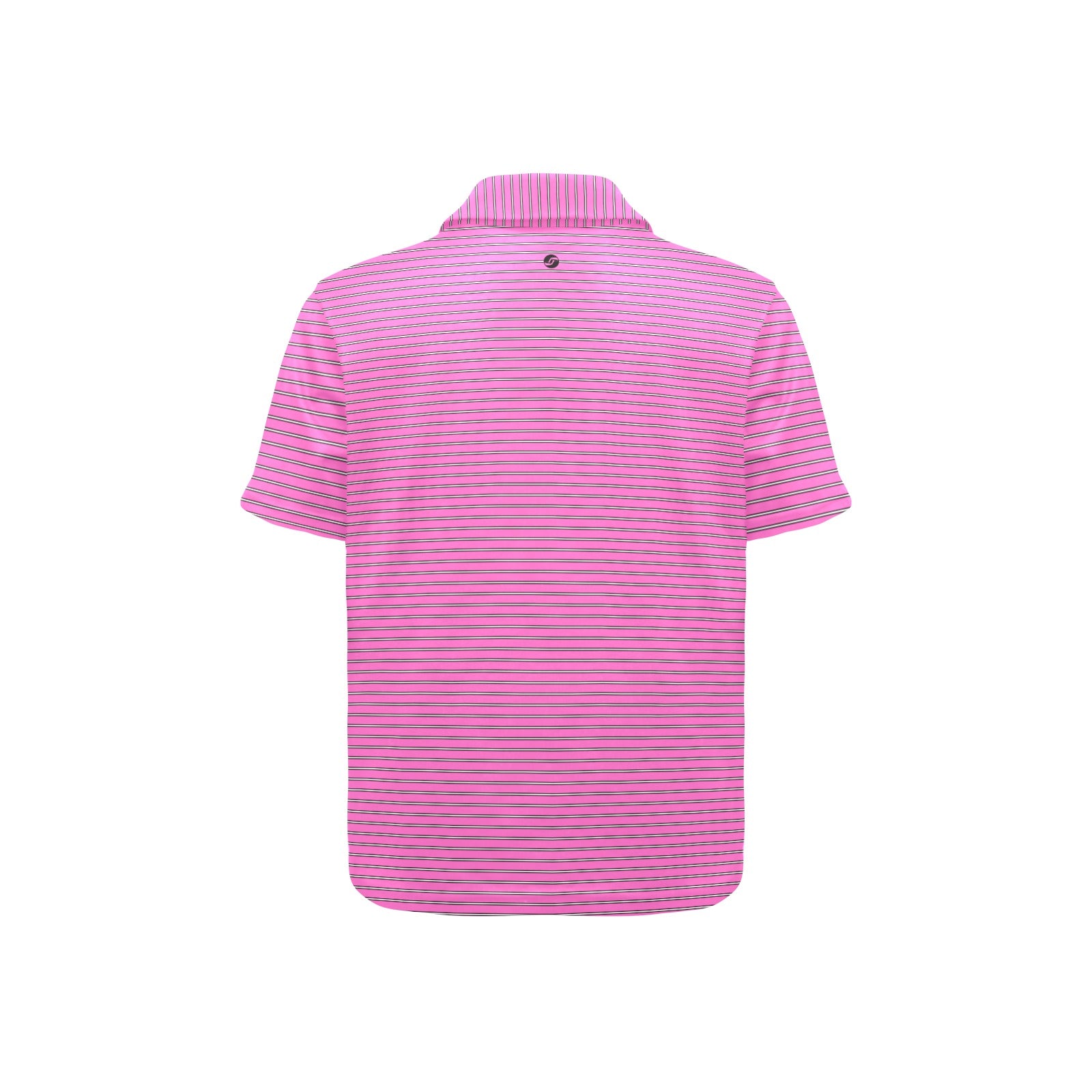 Pink black and white striped polo shirt on a white background