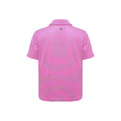 Pink black and white striped polo shirt on a white background