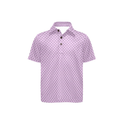 Lilac polo shirt with a subtle pattern on a white background