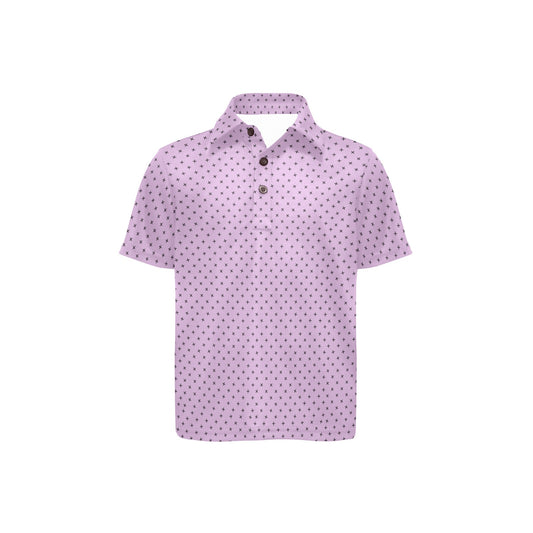 Lilac polo shirt with a subtle pattern on a white background