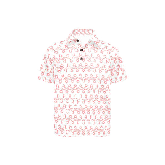 orange geometric pattern  on white polo shirt on a white background