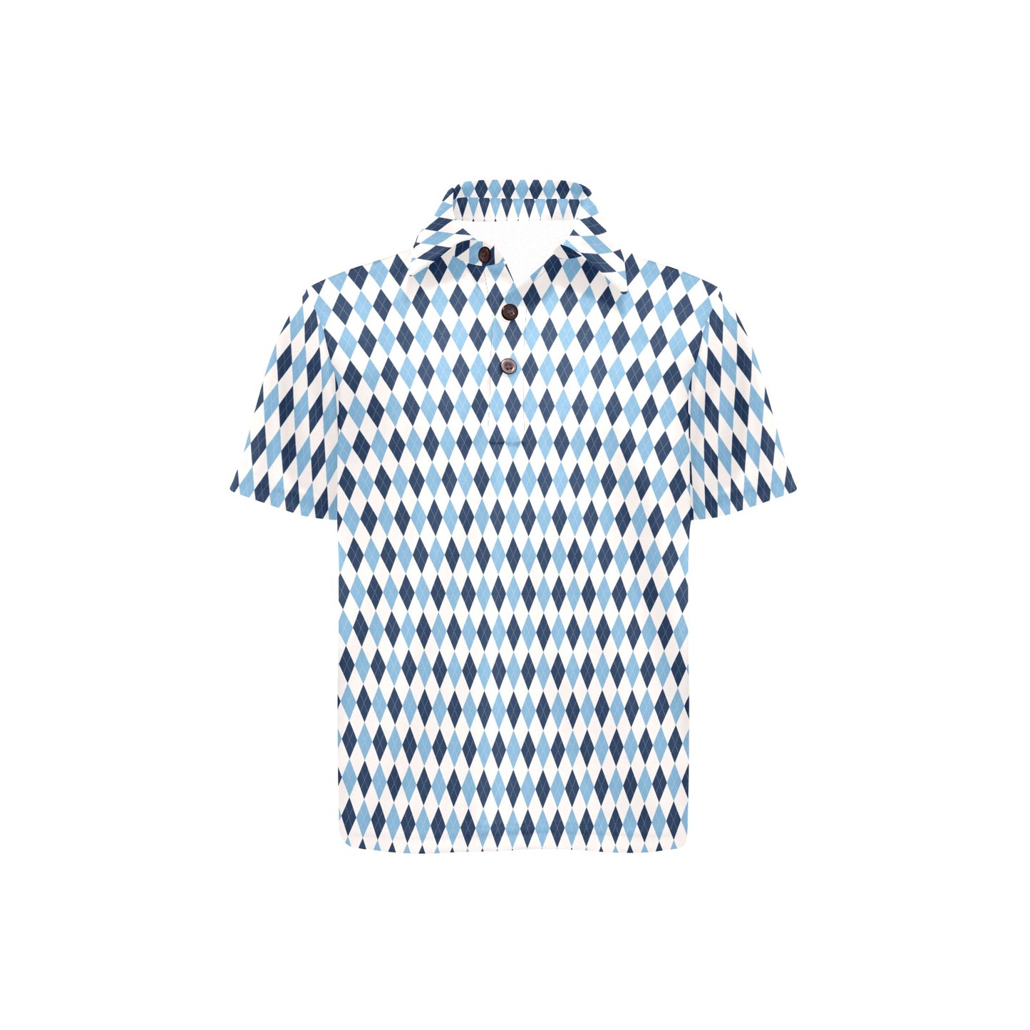 Short-sleeve shirt with blue and white diamond pattern on a white background