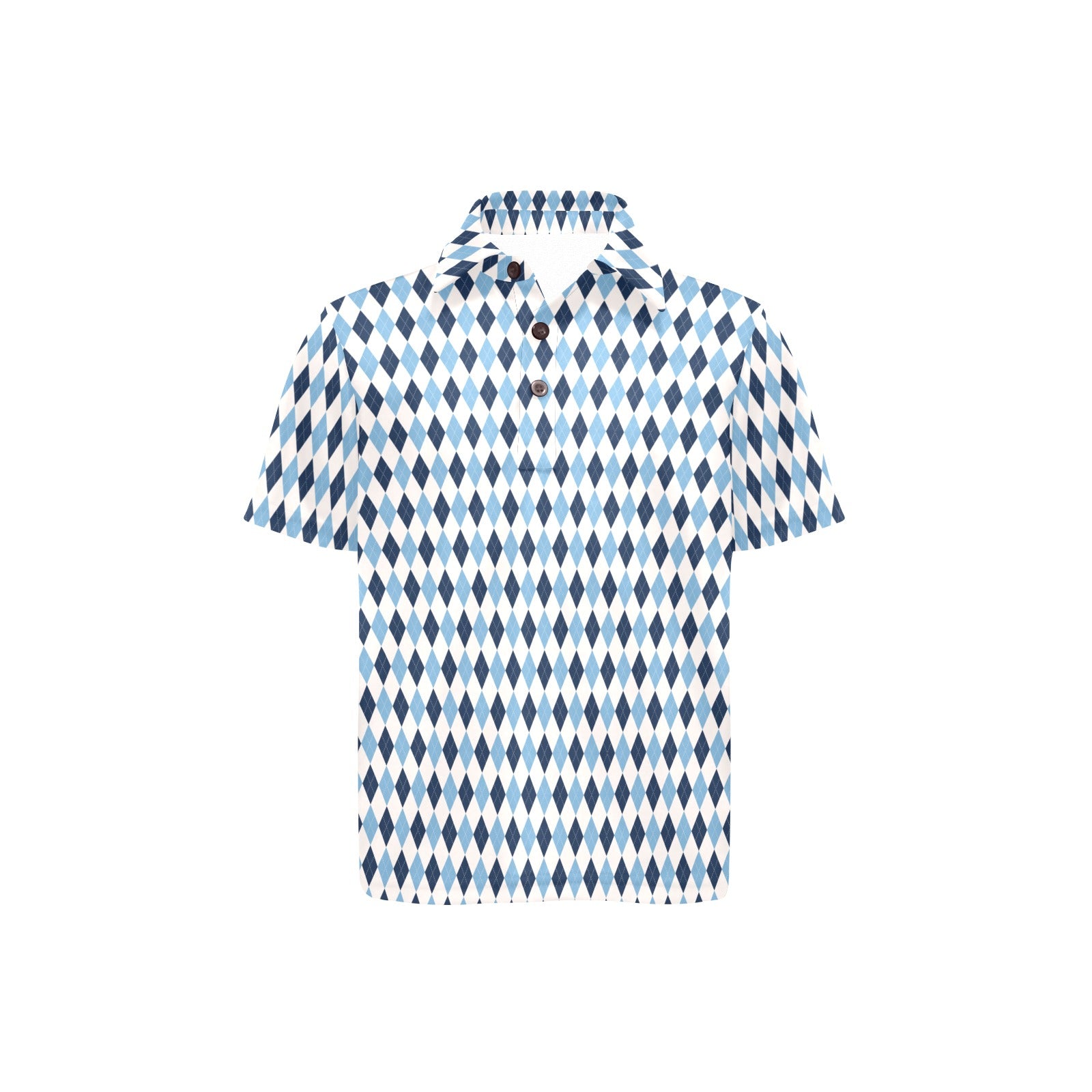 Short-sleeve shirt with blue and white diamond pattern on a white background