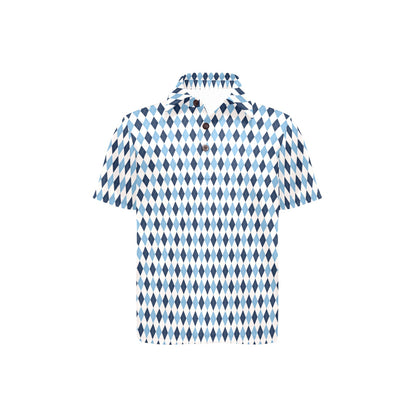 Short-sleeve shirt with blue and white diamond pattern on a white background