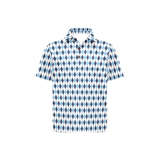 Short-sleeve shirt with blue and white diamond pattern on a white background