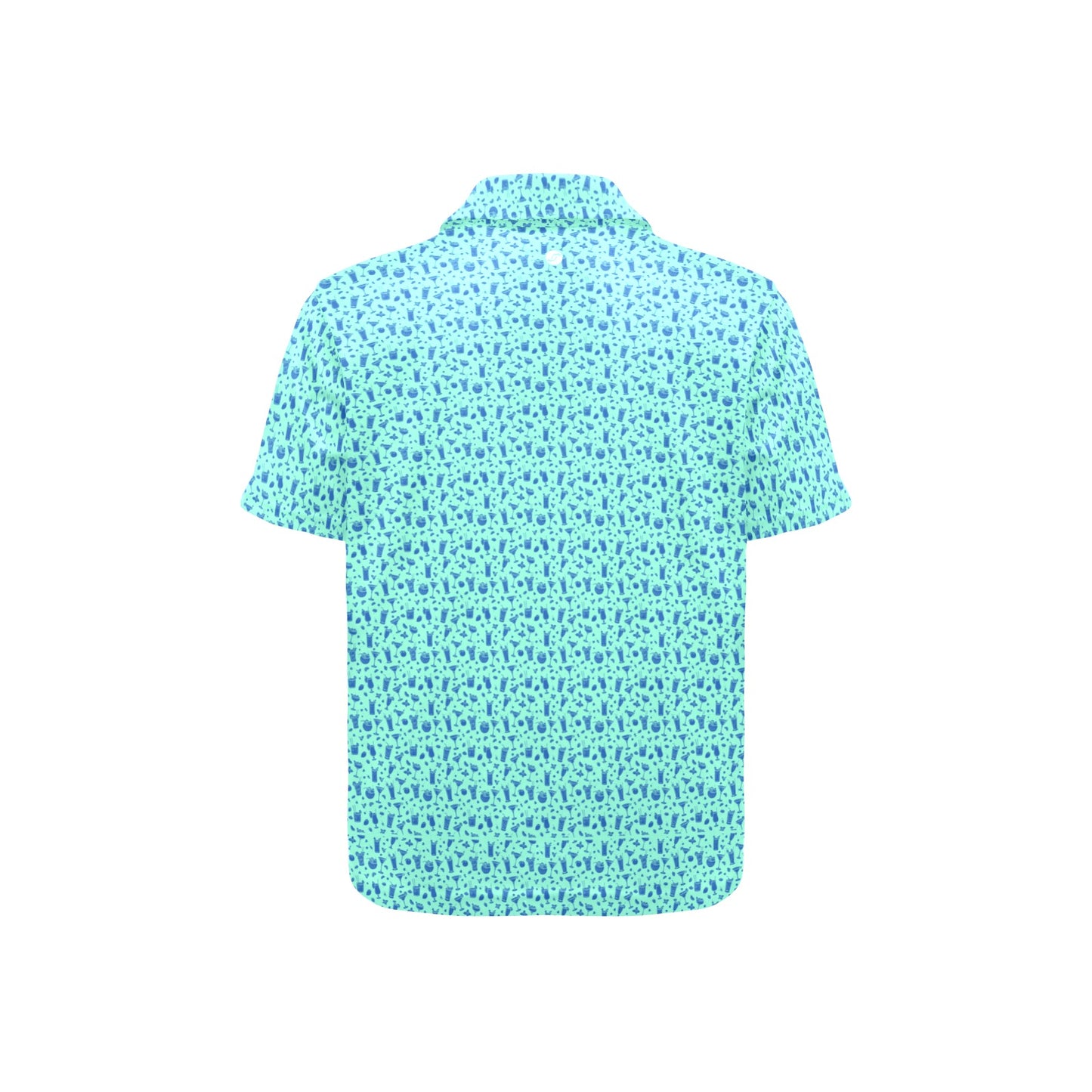 Short-sleeve shirt with a blue beverage pattern on a white background