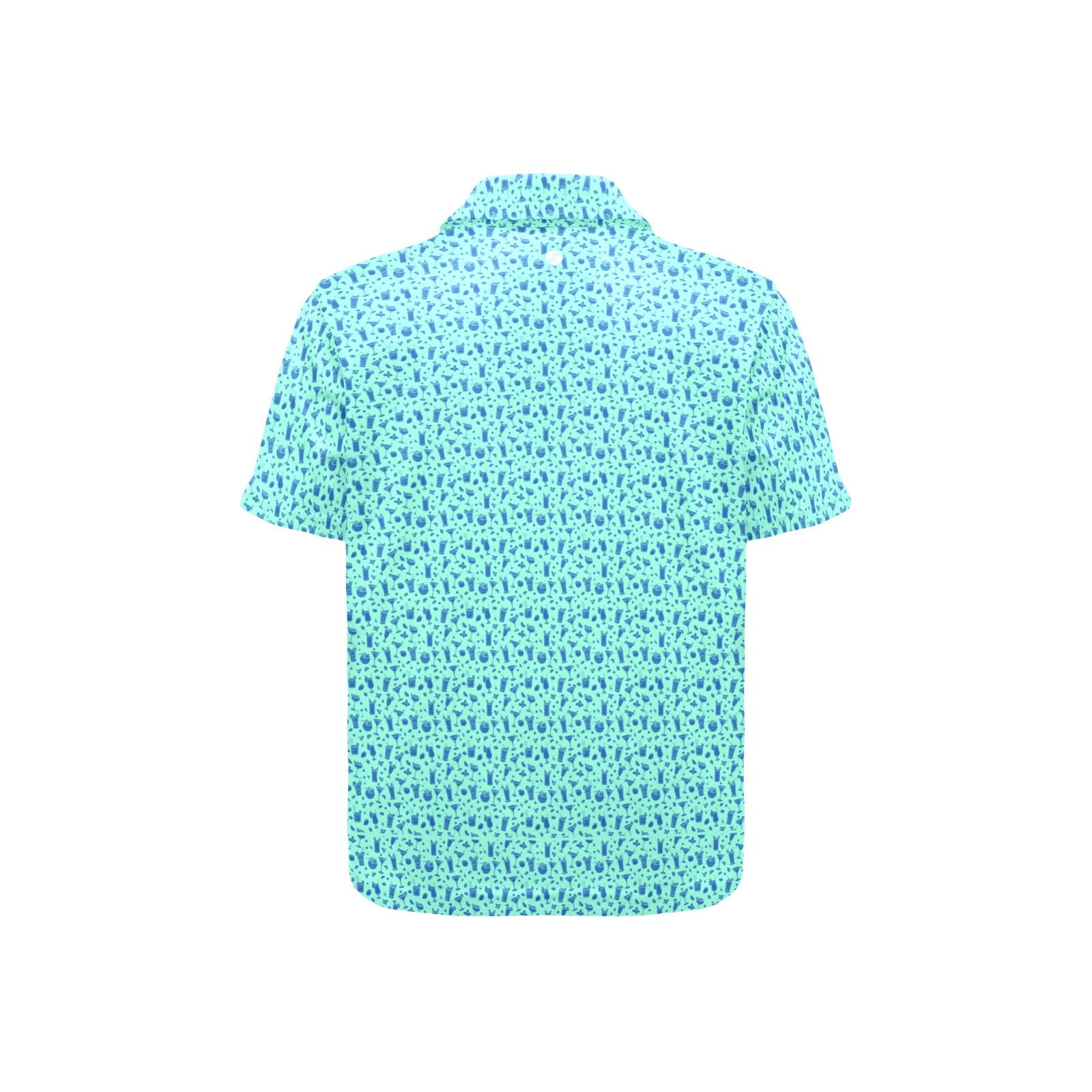 Short-sleeve shirt with a blue beverage pattern on a white background