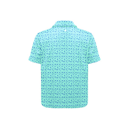 Short-sleeve shirt with a blue beverage pattern on a white background