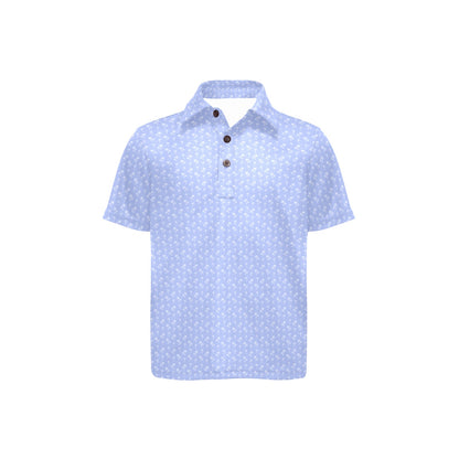 Light blue polo shirt with white palm trees on a white background